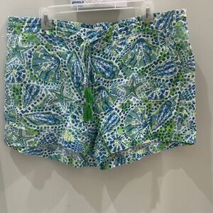 Hatley Blue & Green Shell Print Linen Women Shorts Size Large